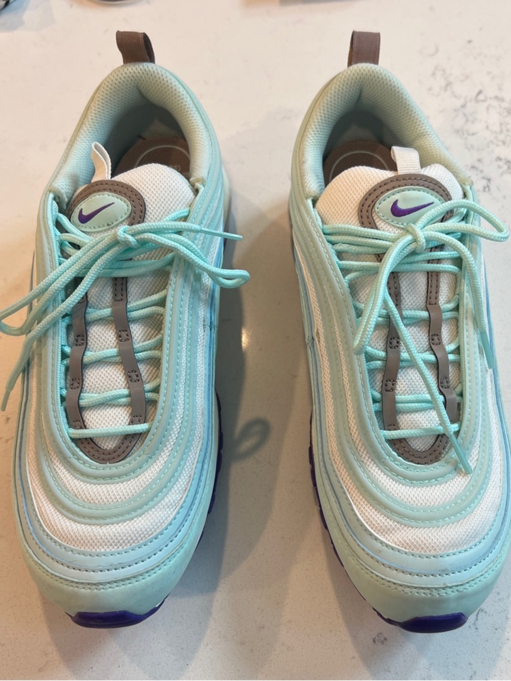 Nike Kids Air Max 97 Sneakers in Mint Green, White & Purple Accents